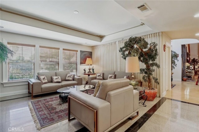 2611 Steeplechase Ln, Diamond Bar, CA 91765 - living room with baseboards, granite floors, a raised ceiling, and recessed lighting