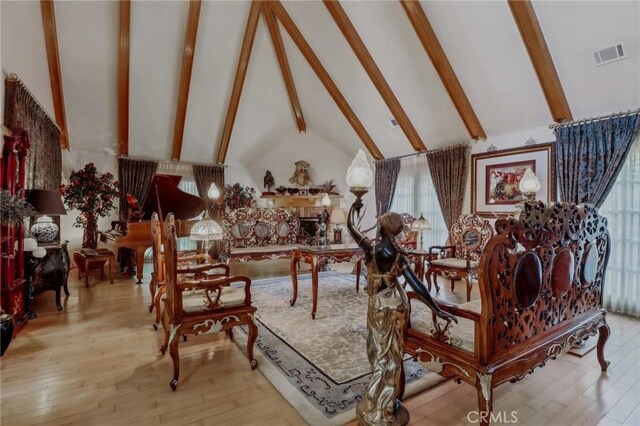 2611 Steeplechase Ln, Diamond Bar, CA 91765 - living area featuring beamed ceiling, wood finished floors, and high vaulted ceiling