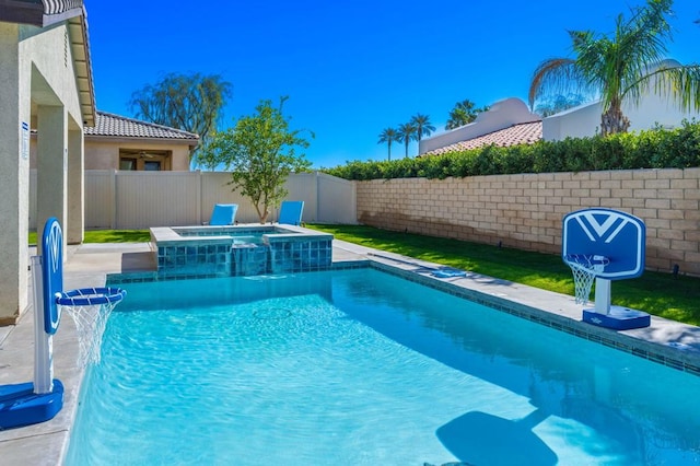 view of swimming pool with an in ground hot tub and pool water feature