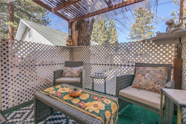 exterior space with an outdoor living space and a pergola