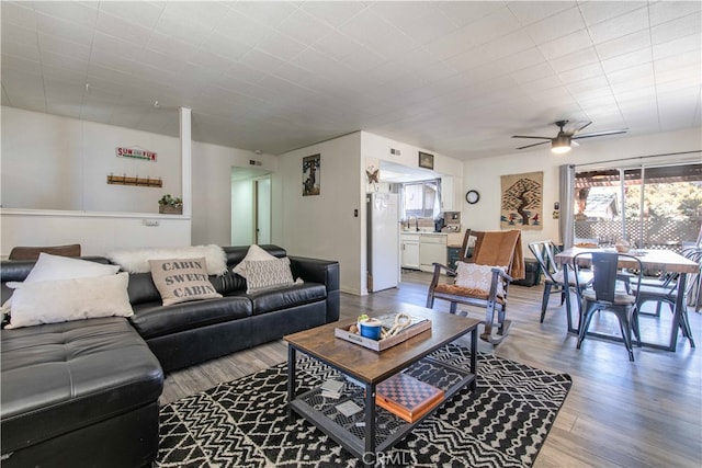 living room featuring ceiling fan, hardwood / wood-style floors, and sink