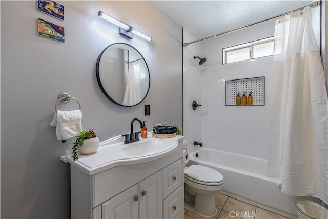 full bathroom with vanity, shower / bath combo with shower curtain, toilet, and tile patterned flooring