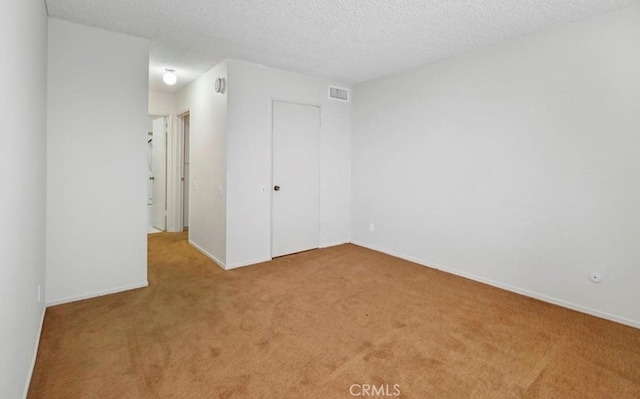 interior space with light colored carpet and a textured ceiling