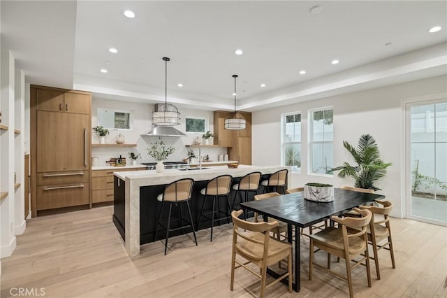 kitchen with light countertops, light wood-type flooring, an island with sink, plenty of natural light, and a raised ceiling