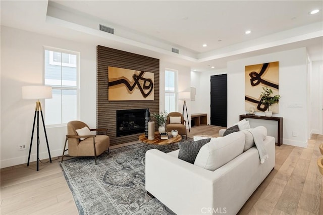 living room with light wood finished floors, a tray ceiling, and a healthy amount of sunlight