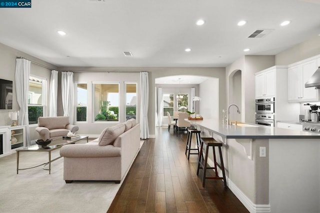 living room with sink and dark hardwood / wood-style flooring