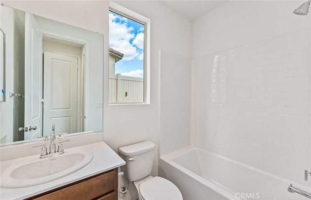 full bath with shower / tub combination, toilet, and vanity