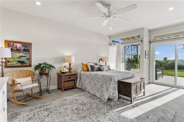 bedroom featuring ceiling fan, access to exterior, and light carpet