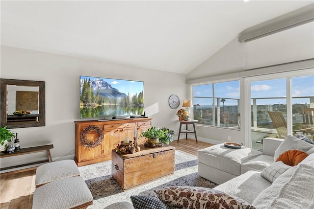 living room with light hardwood / wood-style floors and lofted ceiling