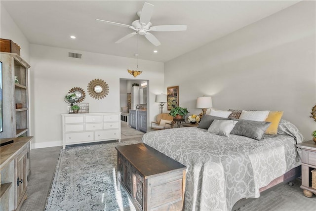 carpeted bedroom featuring ceiling fan