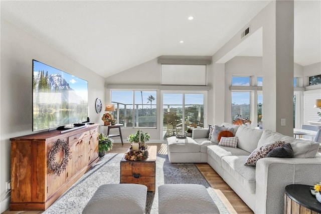 living room featuring light wood-type flooring and high vaulted ceiling