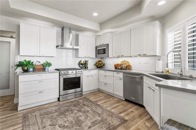 kitchen with wall chimney exhaust hood, white cabinetry, sink, and appliances with stainless steel finishes