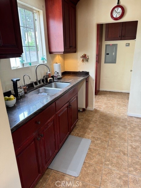 kitchen featuring dark stone counters, electric panel, and sink