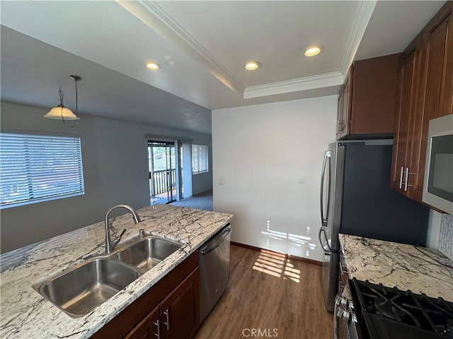 kitchen featuring stainless steel appliances, dark wood-style flooring, a sink, baseboards, and a tray ceiling