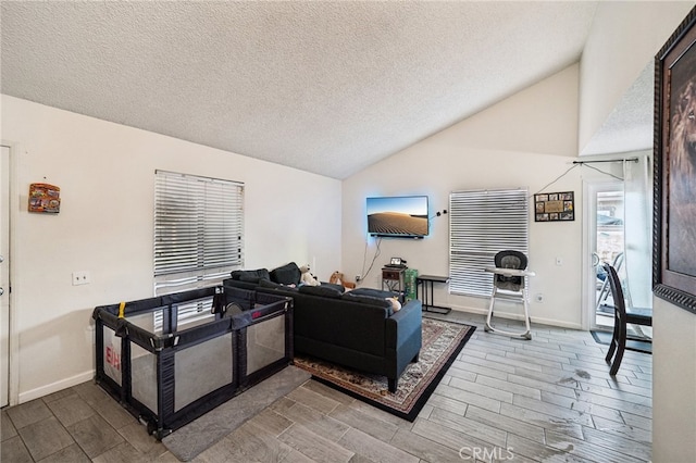 living room featuring a textured ceiling, lofted ceiling, and hardwood / wood-style floors