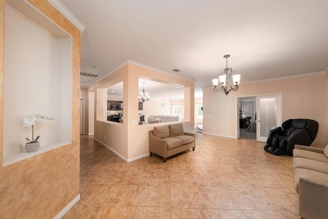 living room featuring crown molding, light tile patterned flooring, and an inviting chandelier