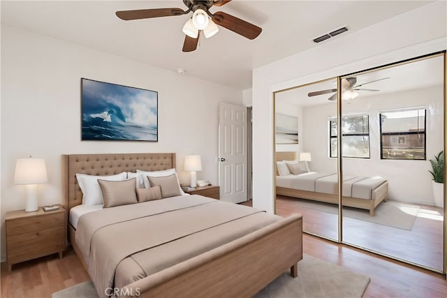 bedroom featuring light wood-type flooring, a closet, and ceiling fan