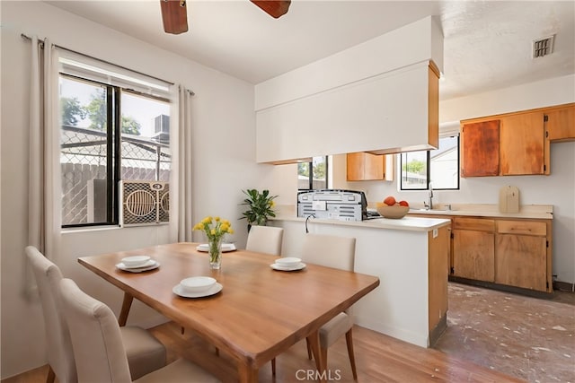 dining room featuring sink and light wood-type flooring