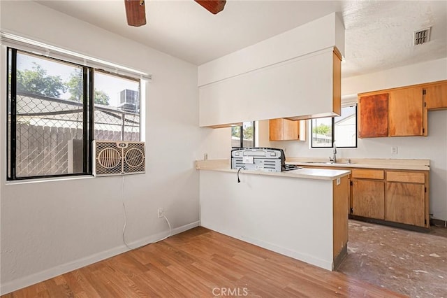 kitchen with kitchen peninsula, sink, and light wood-type flooring