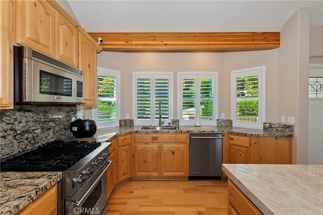 kitchen featuring appliances with stainless steel finishes, light hardwood / wood-style floors, tasteful backsplash, and a healthy amount of sunlight