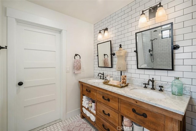 bathroom with tile patterned floors, vanity, tile walls, and walk in shower