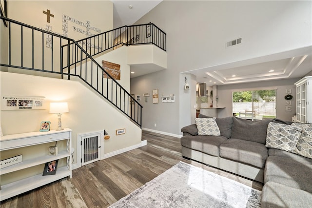 living room featuring wood-type flooring, a high ceiling, and a raised ceiling