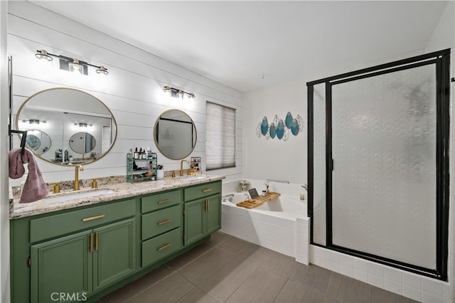 bathroom with vanity, plus walk in shower, and tile patterned flooring