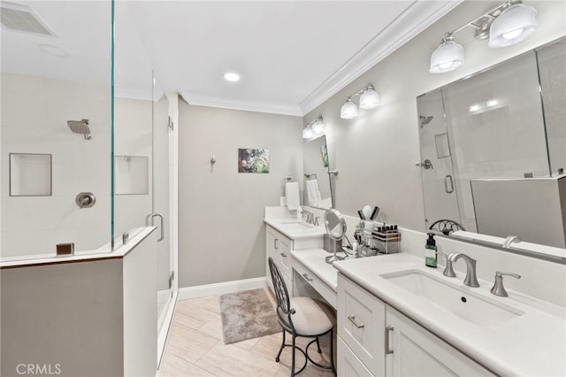 bathroom with vanity, an enclosed shower, tile patterned flooring, and ornamental molding