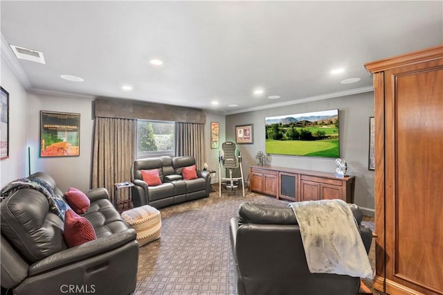 living room with ornamental molding