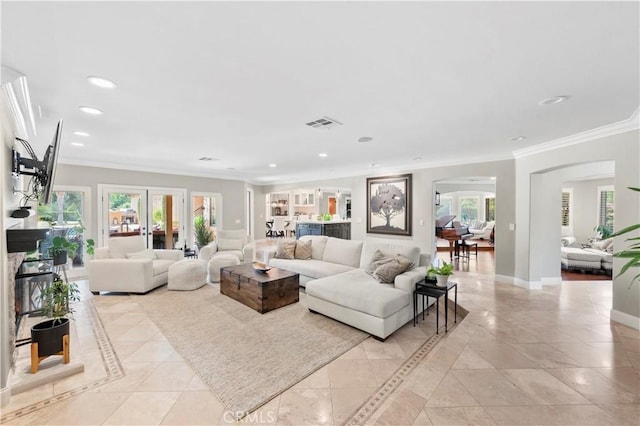 living room featuring ornamental molding