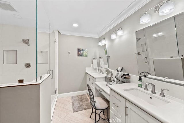 bathroom featuring ornamental molding, walk in shower, tile patterned flooring, and vanity