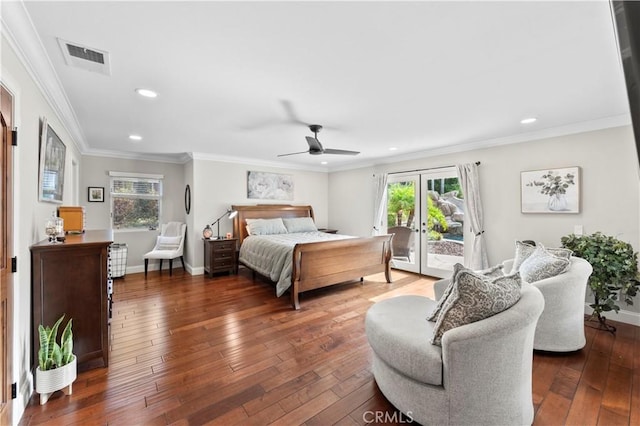 bedroom with ceiling fan, dark wood-type flooring, access to outside, and crown molding