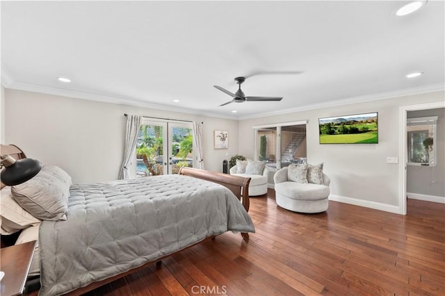 bedroom featuring access to outside, dark wood-type flooring, ceiling fan, and ornamental molding