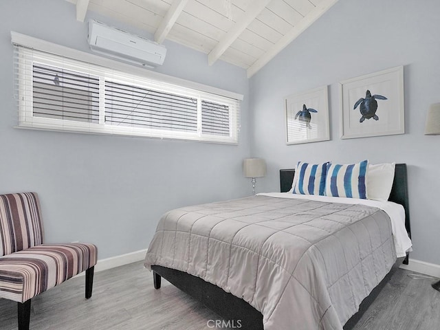 bedroom with wood ceiling, a wall mounted AC, wood-type flooring, and vaulted ceiling with beams