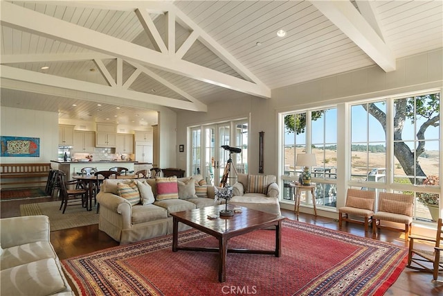 living room with beam ceiling, a wealth of natural light, high vaulted ceiling, and dark hardwood / wood-style floors