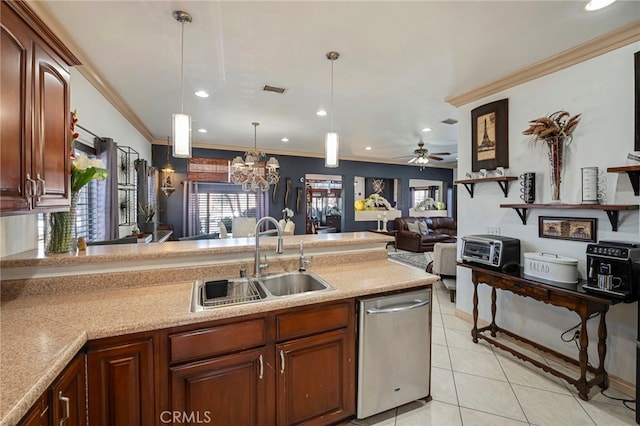 kitchen featuring ceiling fan with notable chandelier, sink, stainless steel dishwasher, ornamental molding, and decorative light fixtures