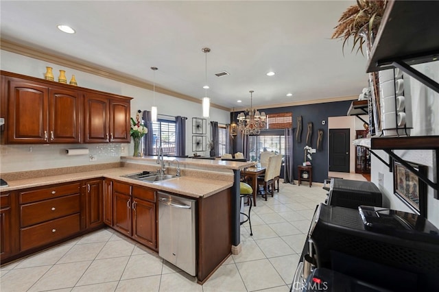 kitchen with sink, stainless steel dishwasher, crown molding, decorative light fixtures, and light tile patterned floors