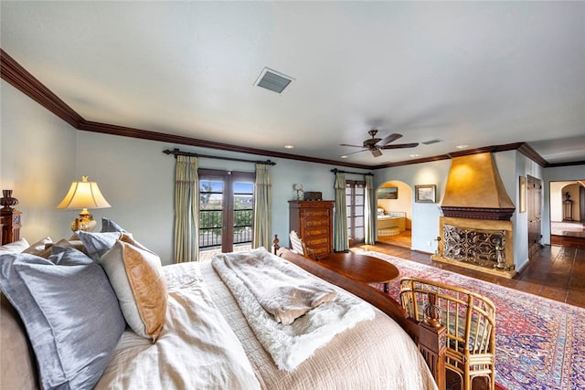 bedroom featuring access to outside, crown molding, ceiling fan, and dark wood-type flooring