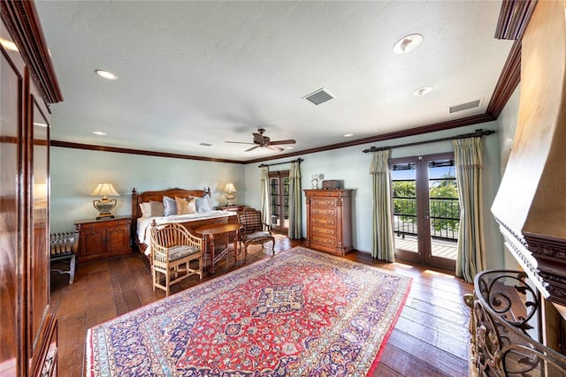 bedroom featuring access to outside, ceiling fan, dark wood-type flooring, and french doors