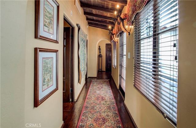 corridor featuring wood ceiling, lofted ceiling with beams, and dark hardwood / wood-style flooring