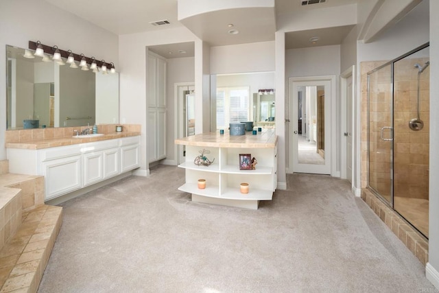 bathroom with vanity and a shower with shower door