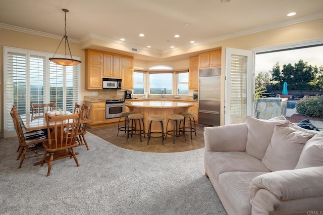 carpeted dining space featuring sink and ornamental molding