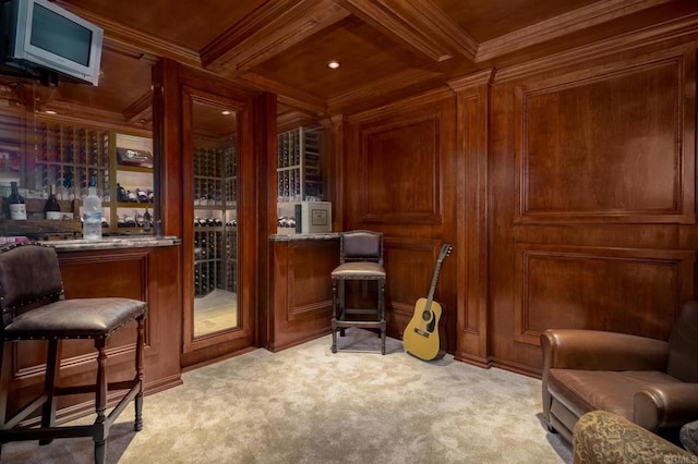 bar with coffered ceiling, light colored carpet, ornamental molding, and wood ceiling