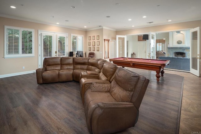 rec room featuring french doors, pool table, ornamental molding, and dark wood-type flooring