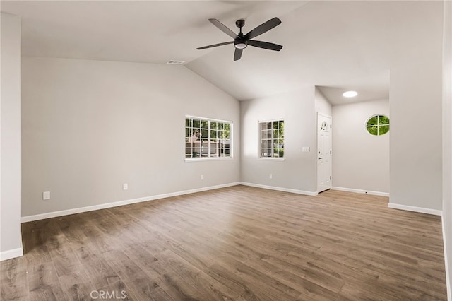 unfurnished living room featuring ceiling fan, hardwood / wood-style floors, and lofted ceiling