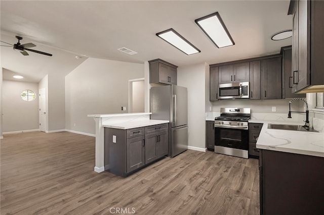 kitchen featuring lofted ceiling, sink, ceiling fan, appliances with stainless steel finishes, and wood-type flooring