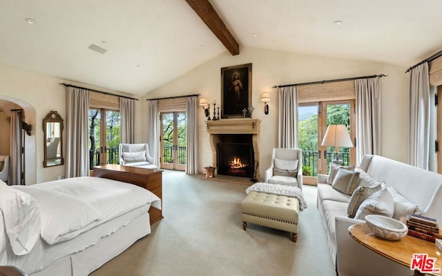 bedroom featuring access to exterior, light colored carpet, and lofted ceiling with beams