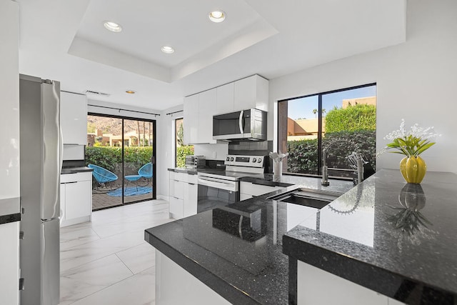 kitchen featuring white cabinetry, stainless steel appliances, dark stone counters, and a tray ceiling