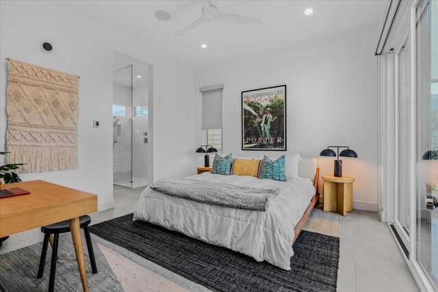 tiled bedroom featuring ceiling fan