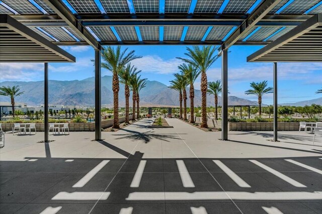 view of patio / terrace featuring a mountain view